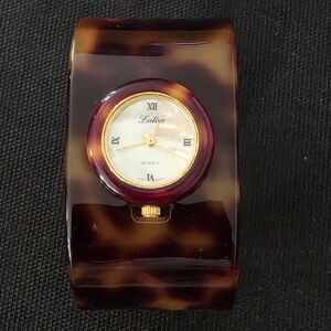 VTG Art Deco Lutéce Watch Mother Of Pearl Faux Tortoiseshell Lucite Wide Cuff
